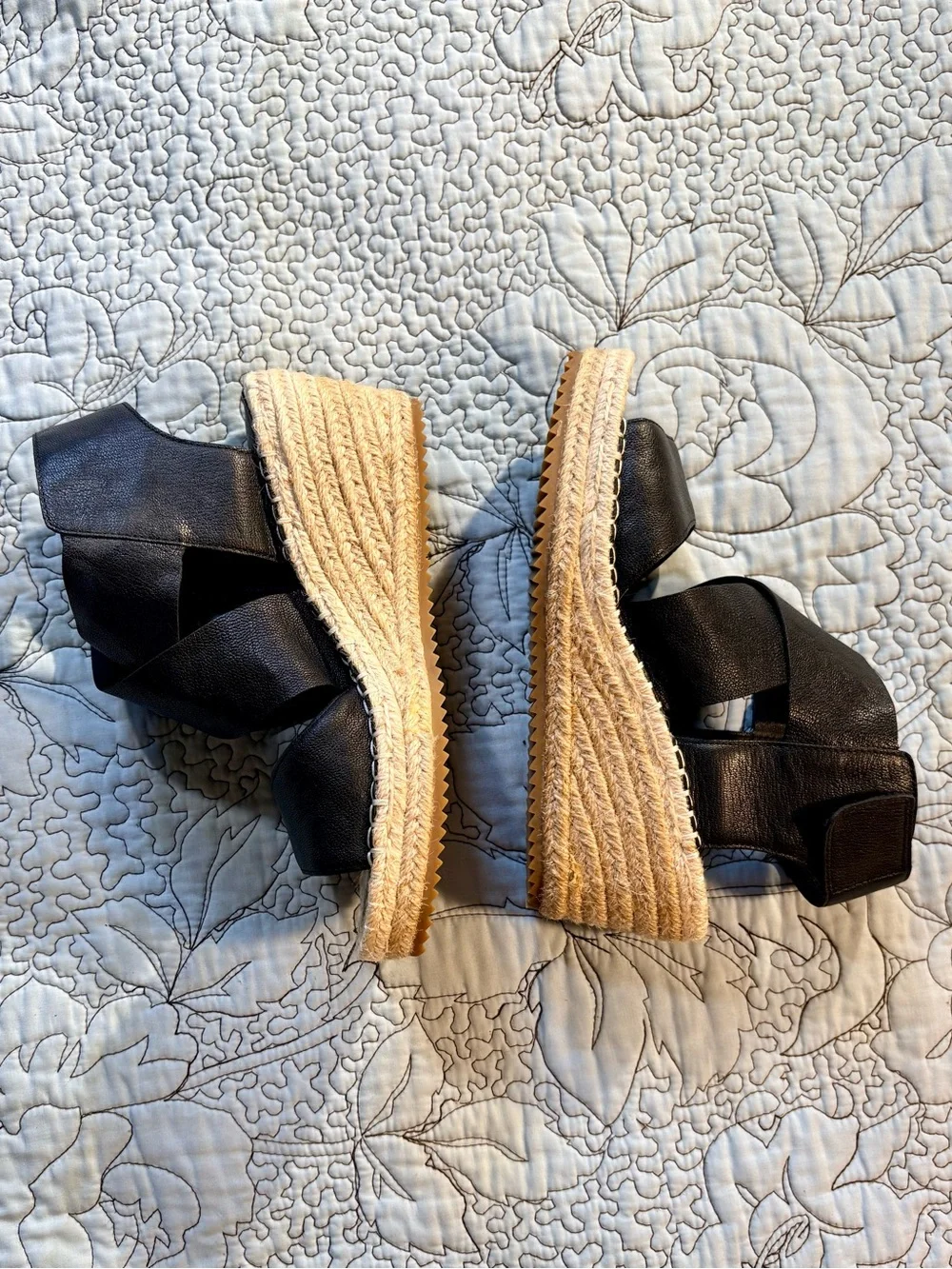 ☀️Eileen Fisher Willow Black Leather Espadrille Wedge Sandals Sz 7.5🧡